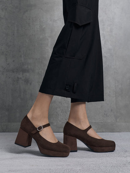 CHARLES & KEITH Exclusive / Faux Suede Platform Mary Jane Pumps - Dark Brown Textured