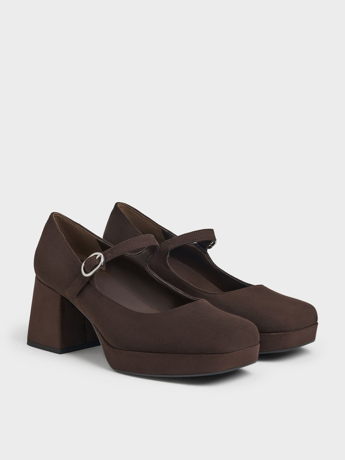 CHARLES & KEITH Exclusive / Faux Suede Platform Mary Jane Pumps - Dark Brown Textured