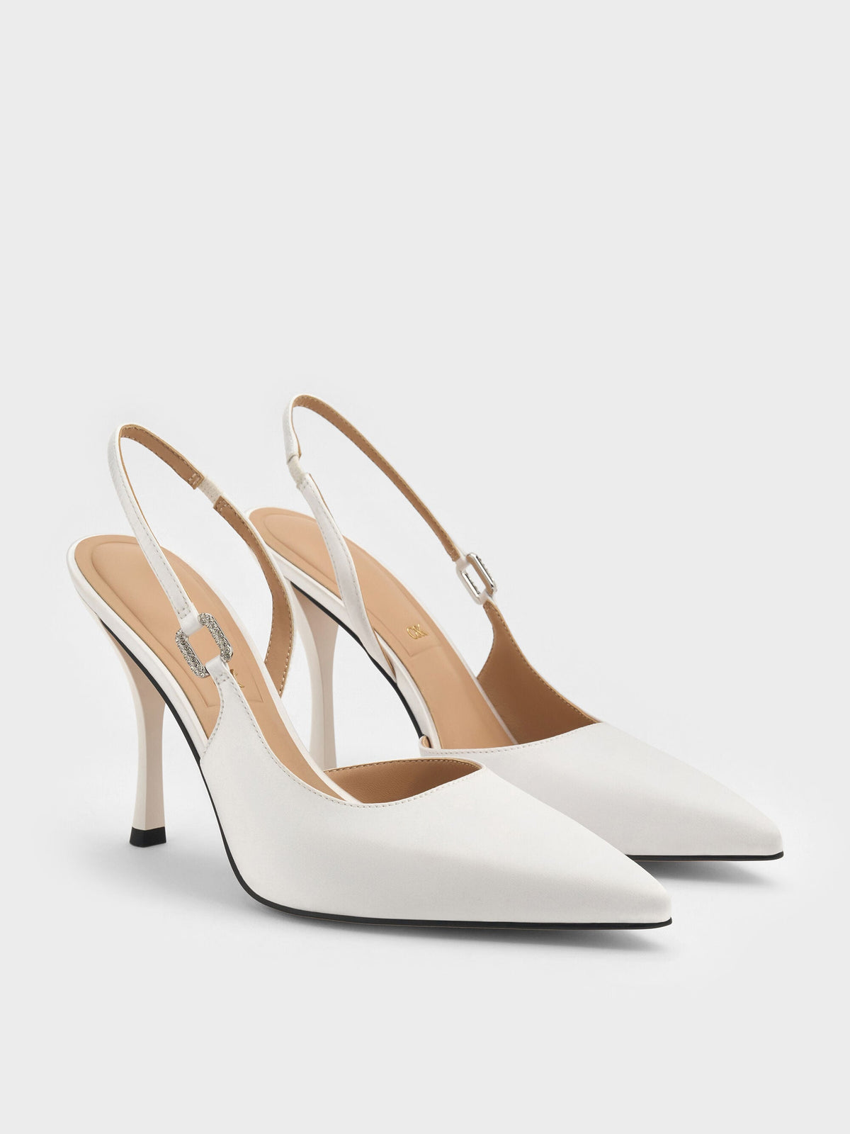 CHARLES & KEITH Signature / Crystal-Buckle Slingback Pumps - White