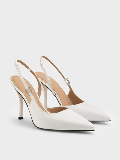 CHARLES & KEITH Signature / Crystal-Buckle Slingback Pumps - White