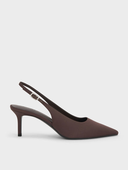 CHARLES & KEITH Everyday / Kaia Satin Slingback Pumps - Dark Brown Textured