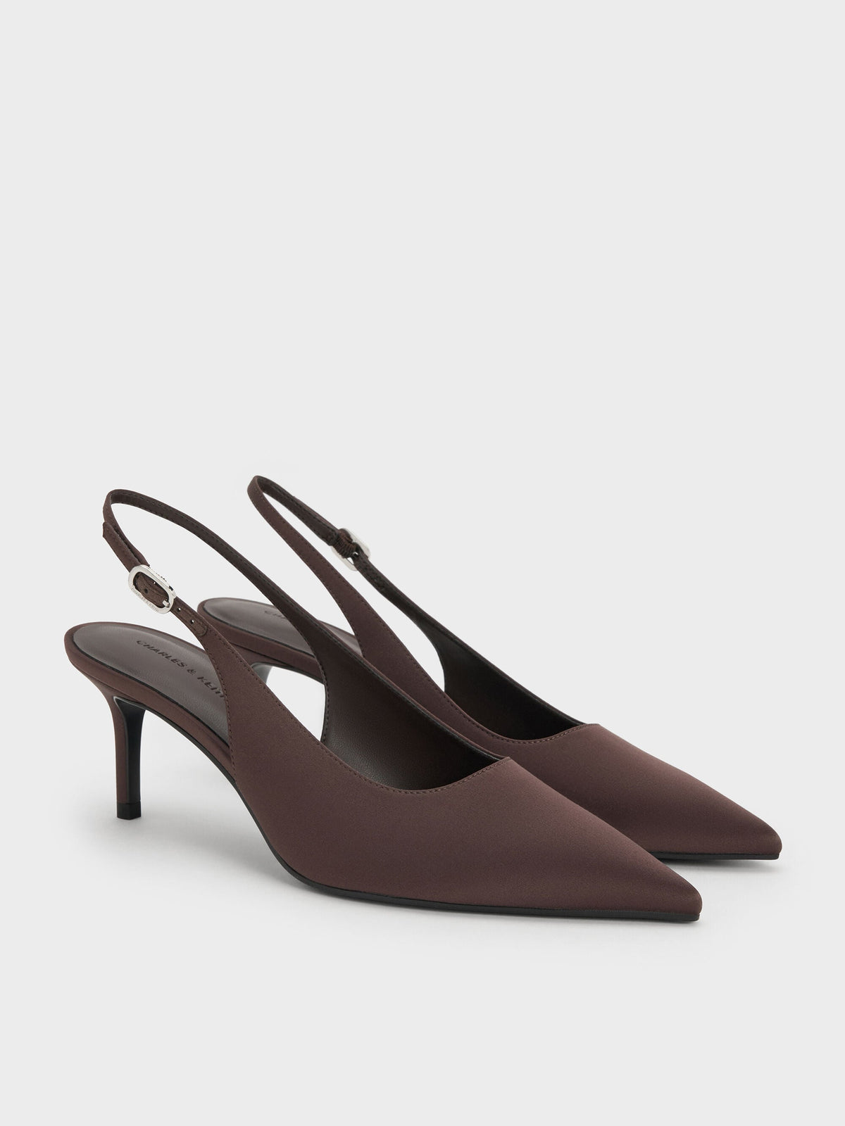 CHARLES & KEITH Everyday / Kaia Satin Slingback Pumps - Dark Brown Textured