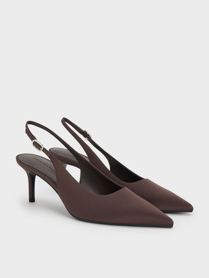 CHARLES & KEITH Everyday / Kaia Satin Slingback Pumps - Dark Brown Textured