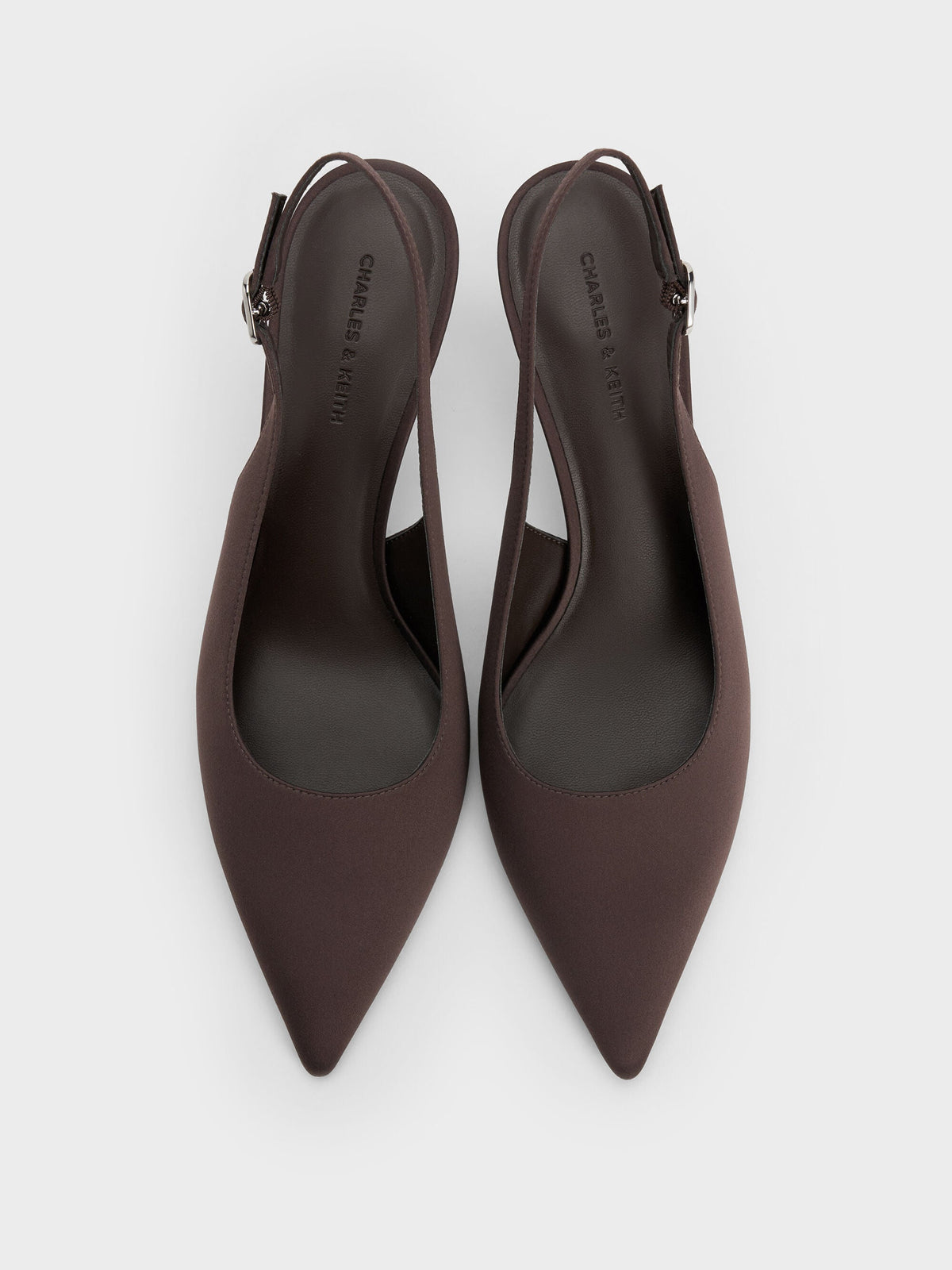 CHARLES & KEITH Everyday / Kaia Satin Slingback Pumps - Dark Brown Textured