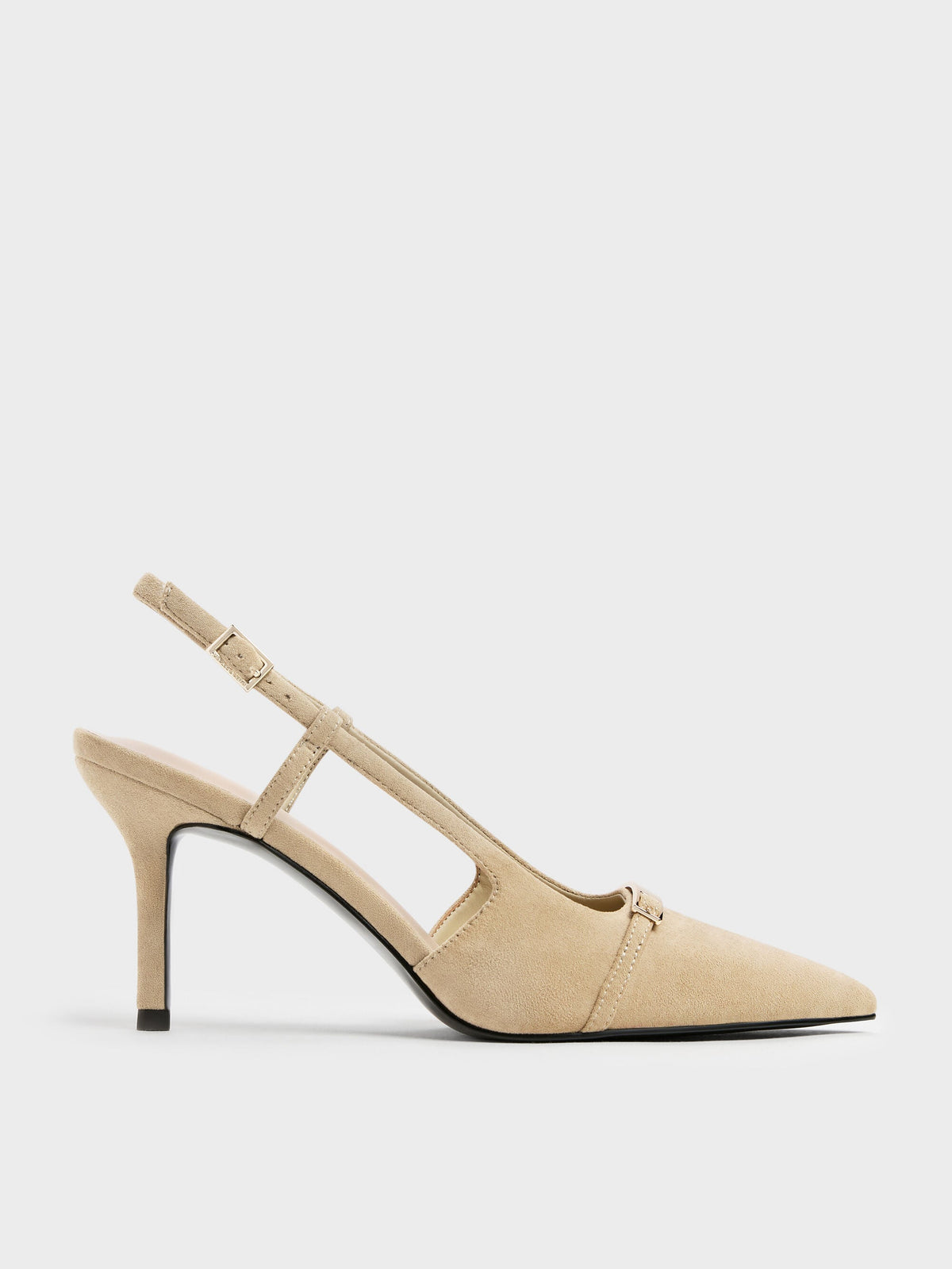 CHARLES & KEITH New / Faux Suede Metallic-Bar Pointed Slingback Pumps - Beige