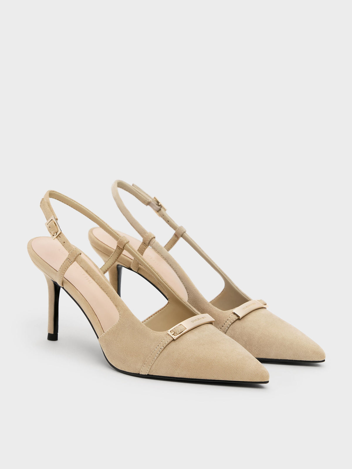 CHARLES & KEITH New / Faux Suede Metallic-Bar Pointed Slingback Pumps - Beige