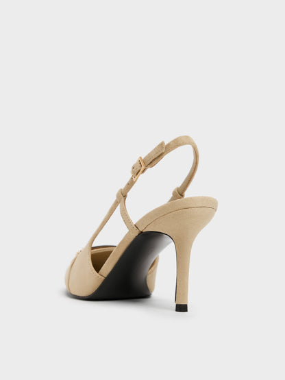 CHARLES & KEITH New / Faux Suede Metallic-Bar Pointed Slingback Pumps - Beige