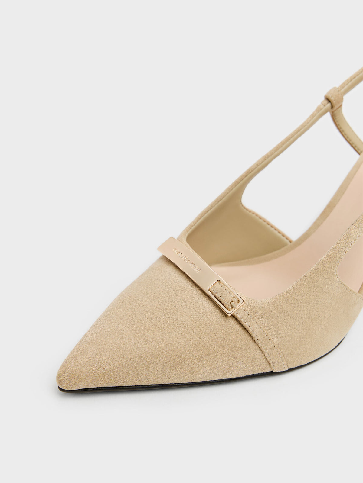 CHARLES & KEITH New / Faux Suede Metallic-Bar Pointed Slingback Pumps - Beige