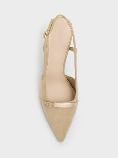 CHARLES & KEITH New / Faux Suede Metallic-Bar Pointed Slingback Pumps - Beige