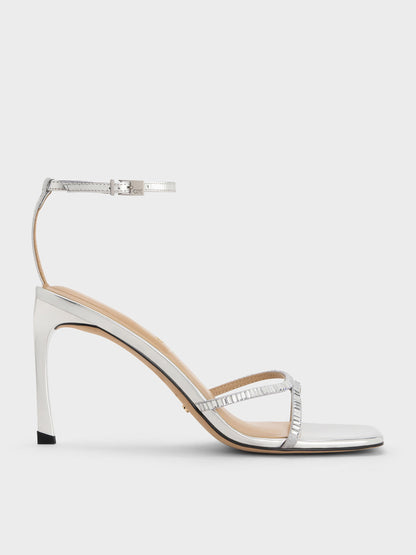 CHARLES & KEITH Top Pick / Jaylene Metallic Leather Gem Stiletto Sandals - Silver