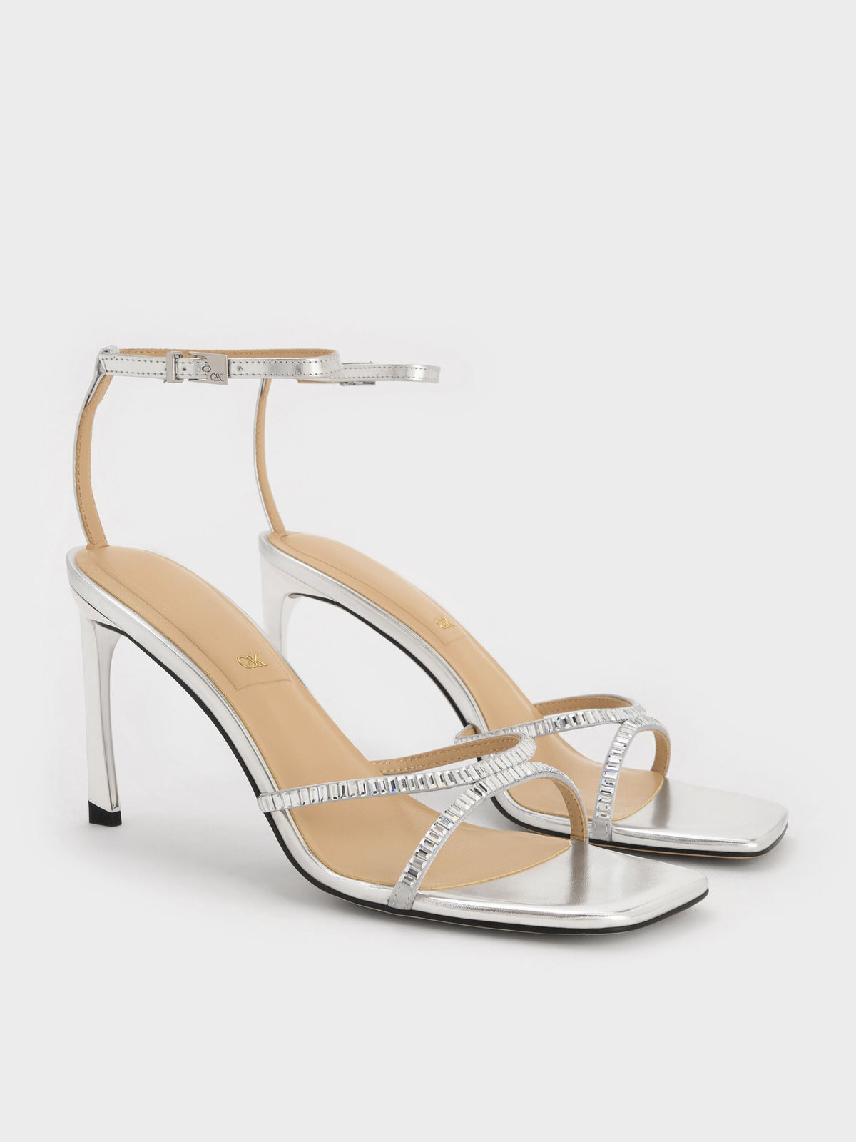CHARLES & KEITH Top Pick / Jaylene Metallic Leather Gem Stiletto Sandals - Silver