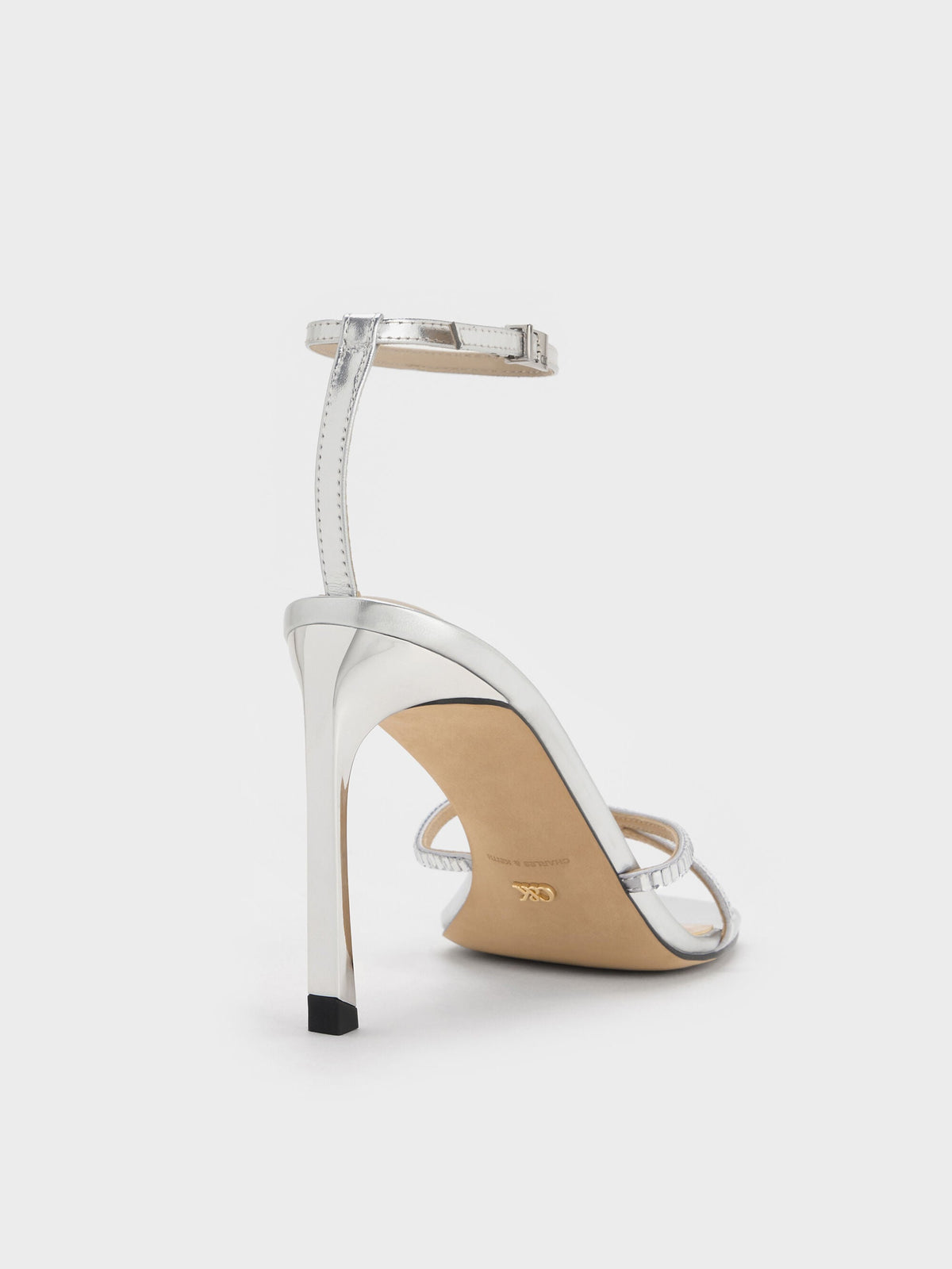 CHARLES & KEITH Top Pick / Jaylene Metallic Leather Gem Stiletto Sandals - Silver