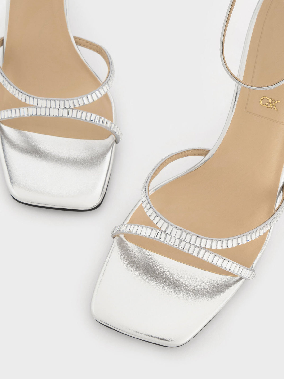 CHARLES & KEITH Top Pick / Jaylene Metallic Leather Gem Stiletto Sandals - Silver