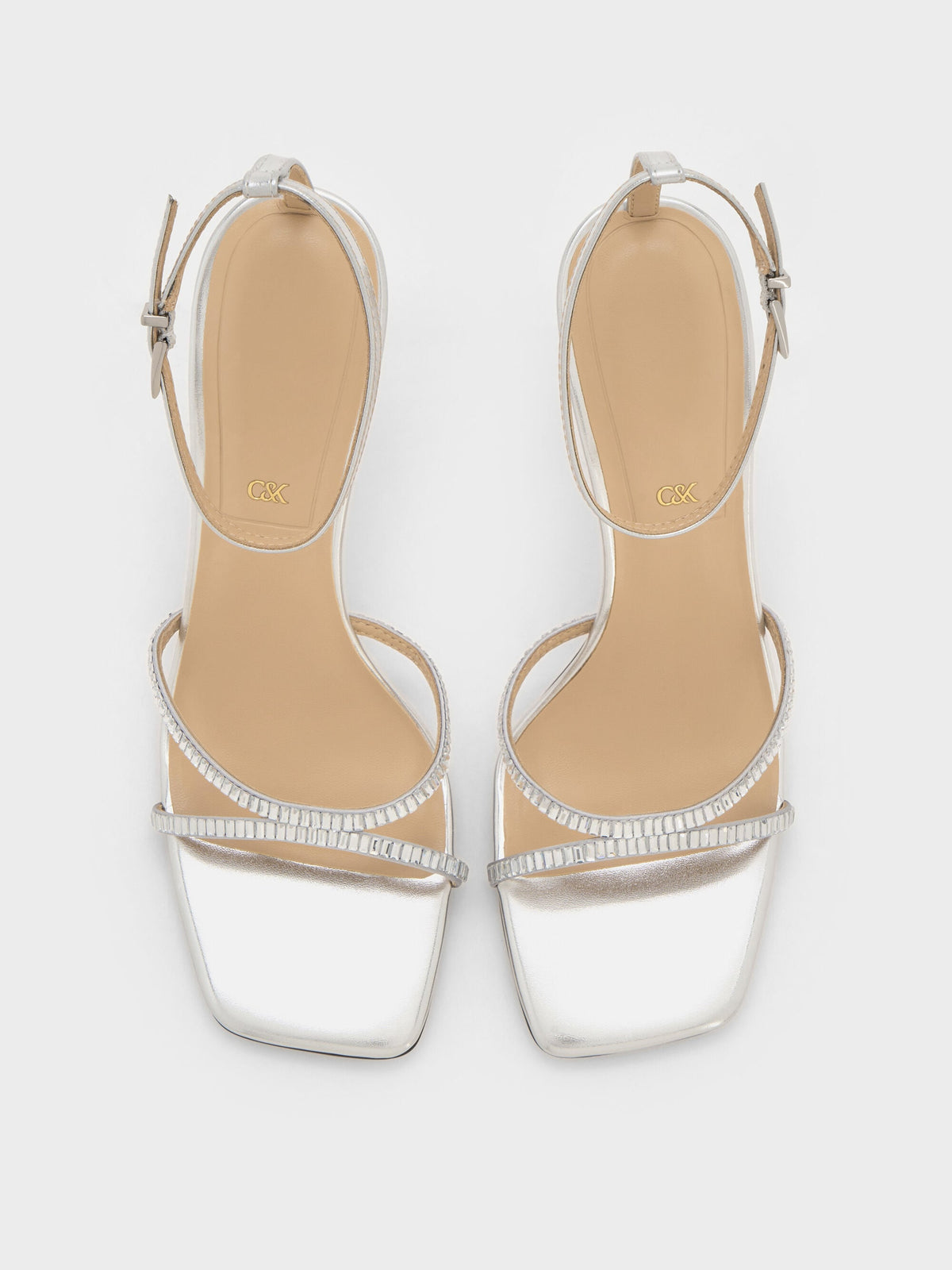 CHARLES & KEITH Top Pick / Jaylene Metallic Leather Gem Stiletto Sandals - Silver
