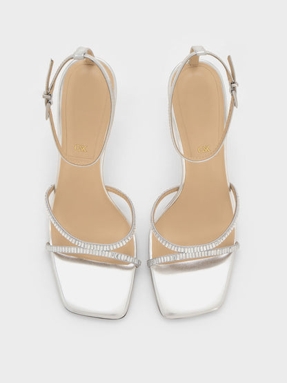 CHARLES & KEITH Top Pick / Jaylene Metallic Leather Gem Stiletto Sandals - Silver