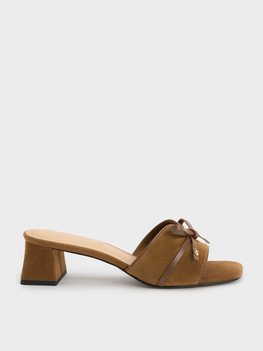 CHARLES & KEITH Discount / Leather & Suede Bow Heeled Mules - Brown