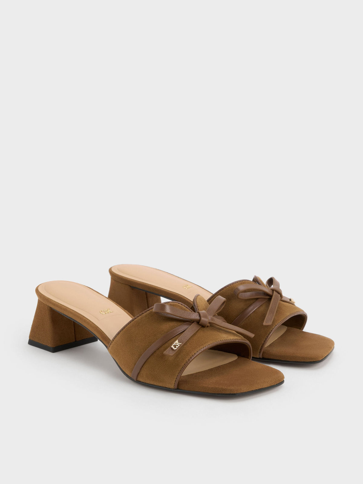 CHARLES & KEITH Discount / Leather & Suede Bow Heeled Mules - Brown