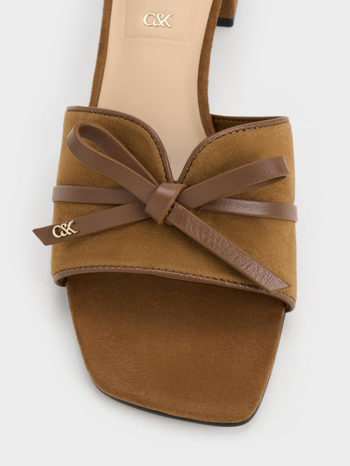 CHARLES & KEITH Discount / Leather & Suede Bow Heeled Mules - Brown