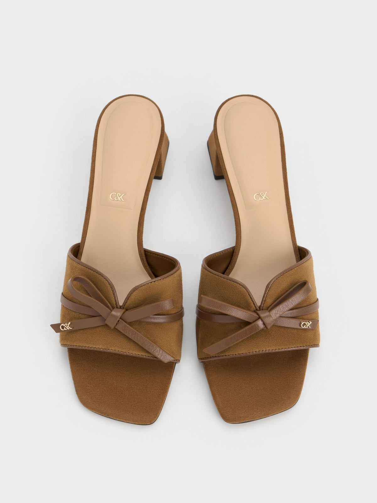 CHARLES & KEITH Discount / Leather & Suede Bow Heeled Mules - Brown