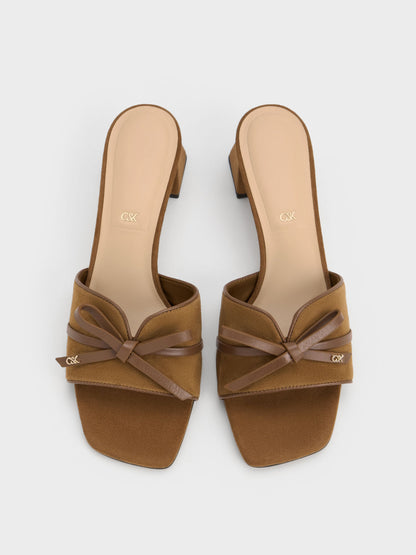 CHARLES & KEITH Discount / Leather & Suede Bow Heeled Mules - Brown