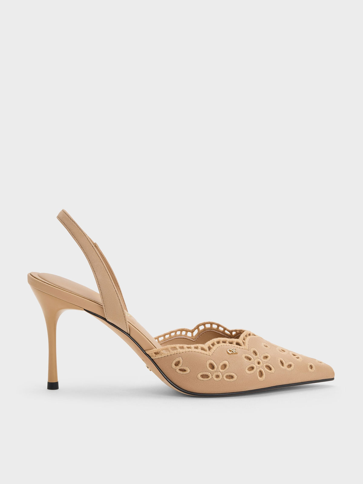CHARLES & KEITH New / Leather Embroidered Pointed Slingback Pumps - Beige