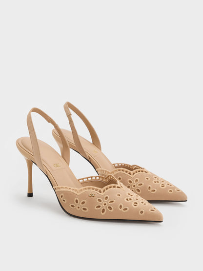 CHARLES & KEITH New / Leather Embroidered Pointed Slingback Pumps - Beige