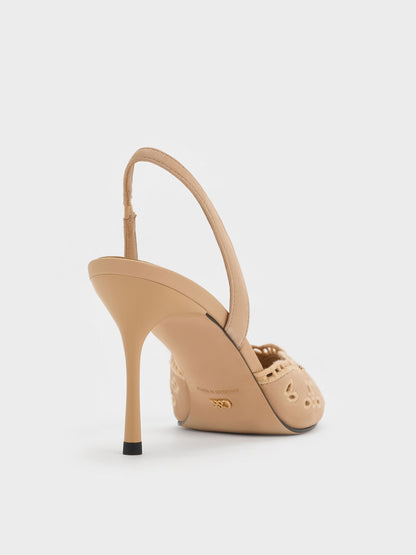 CHARLES & KEITH New / Leather Embroidered Pointed Slingback Pumps - Beige