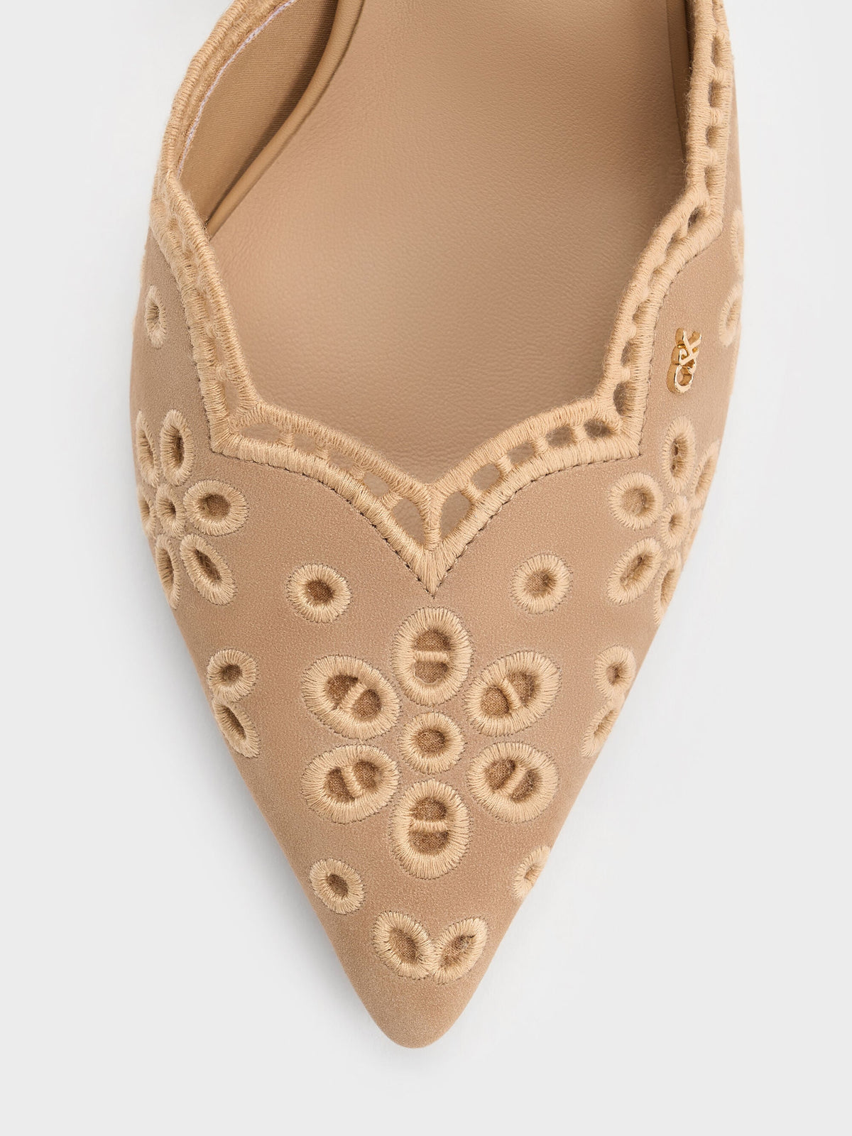 CHARLES & KEITH New / Leather Embroidered Pointed Slingback Pumps - Beige