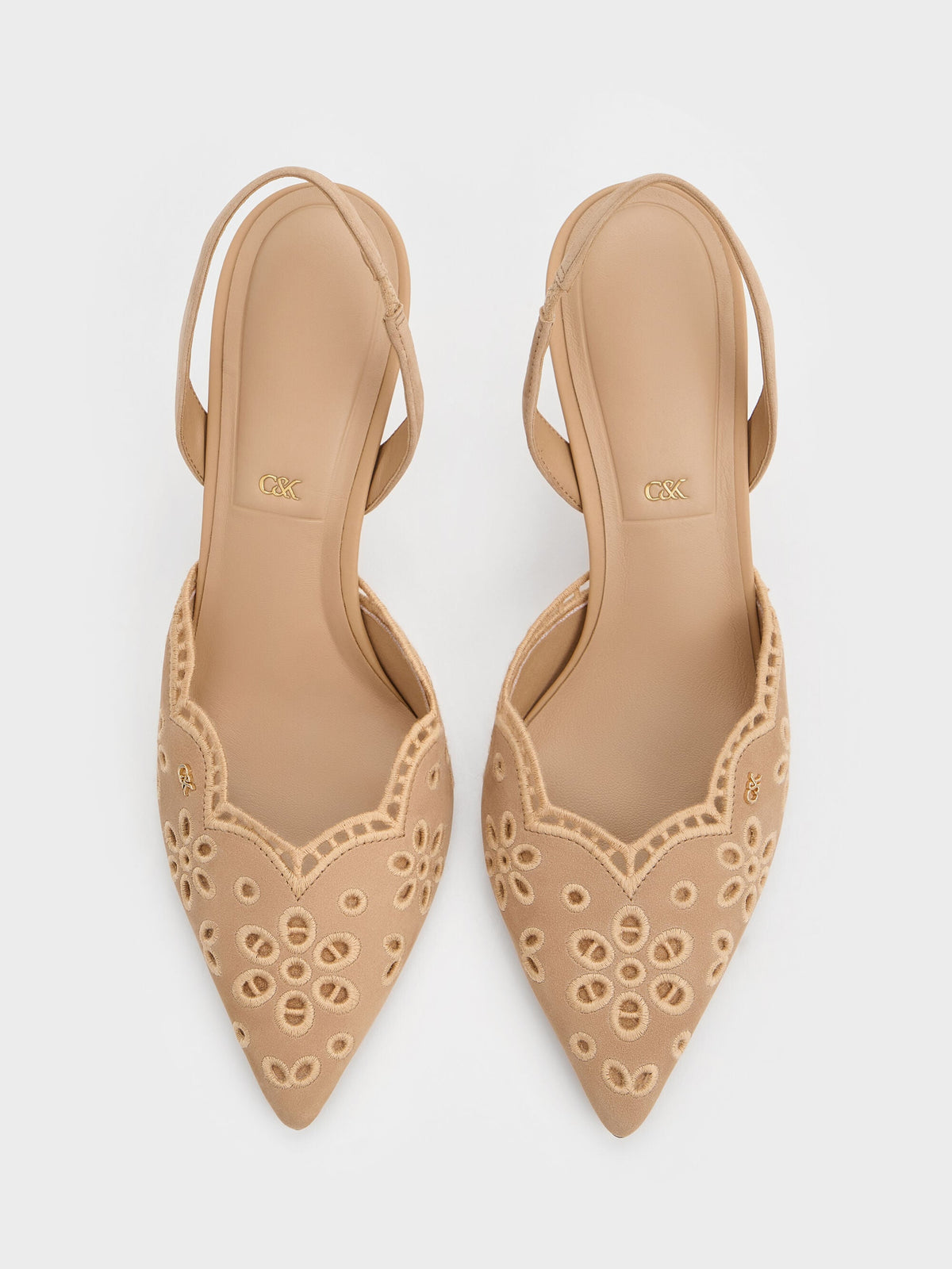 CHARLES & KEITH New / Leather Embroidered Pointed Slingback Pumps - Beige