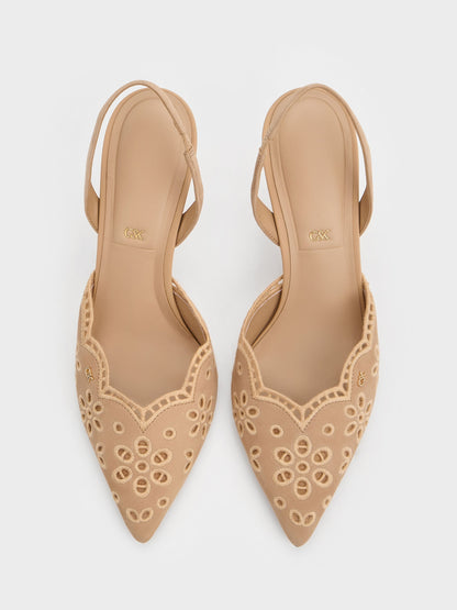 CHARLES & KEITH New / Leather Embroidered Pointed Slingback Pumps - Beige