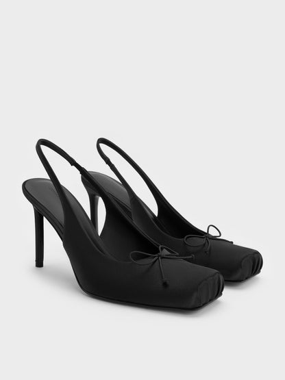 CHARLES & KEITH Popular / Satin Ruched Stiletto Slingback Pumps - Black Textured