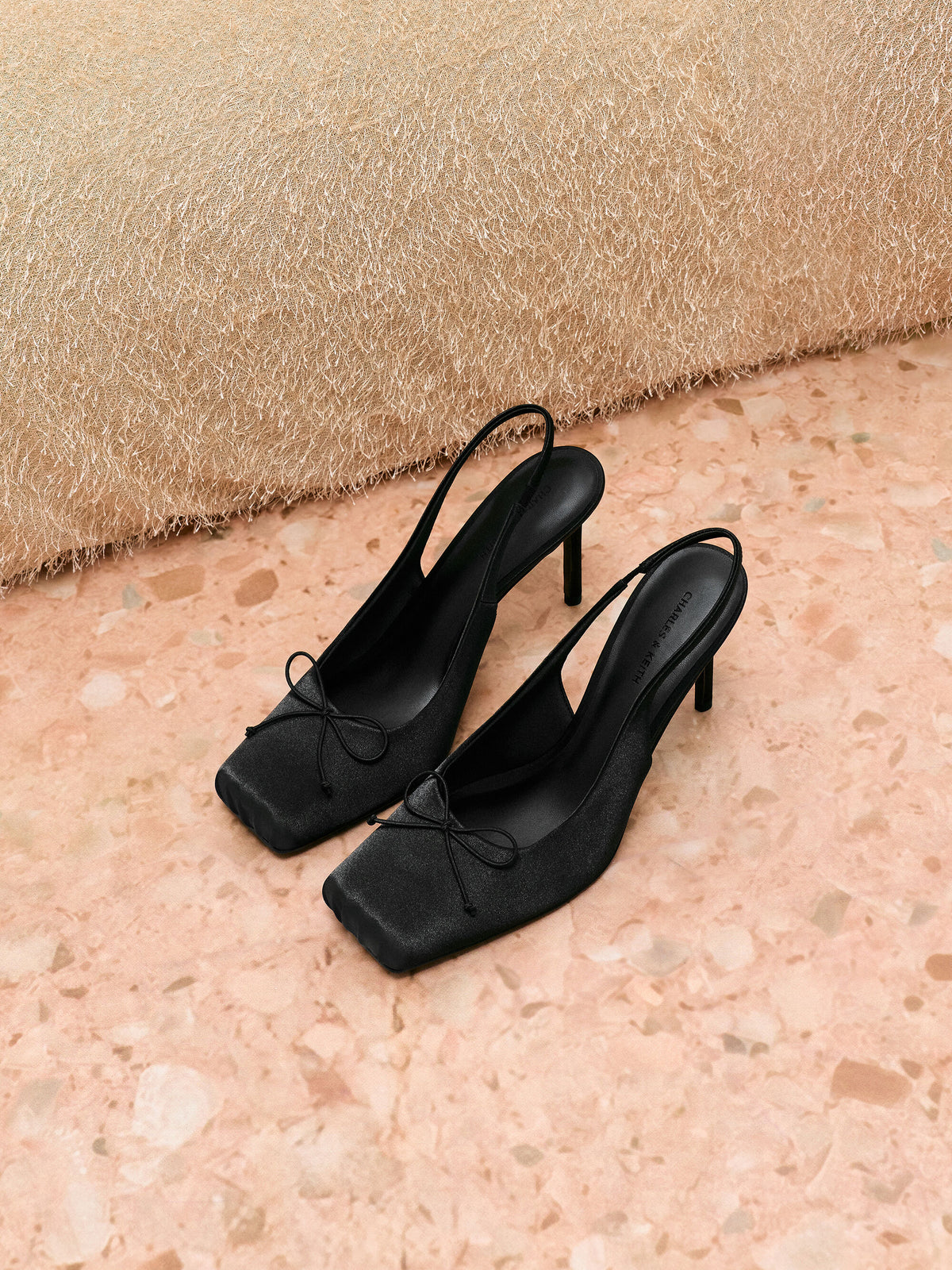 CHARLES & KEITH Popular / Satin Ruched Stiletto Slingback Pumps - Black Textured