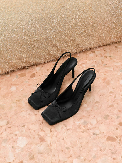 CHARLES & KEITH Popular / Satin Ruched Stiletto Slingback Pumps - Black Textured