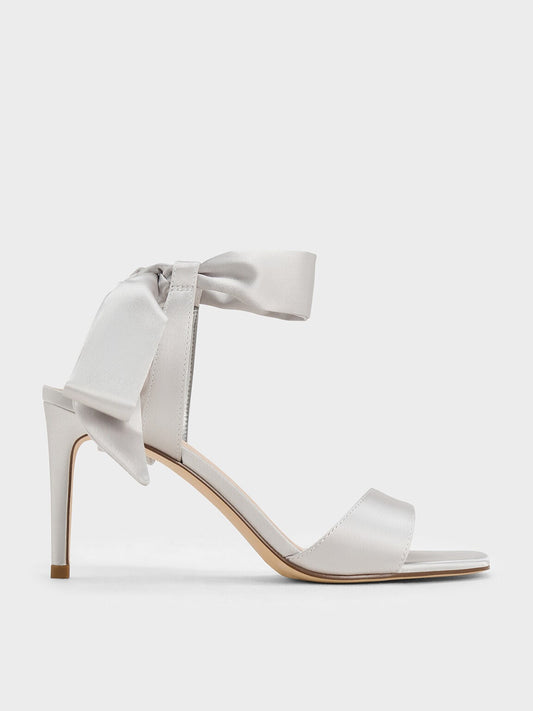 CHARLES & KEITH Essential / Eliana Satin Tie-Around Heeled Sandals - Silver