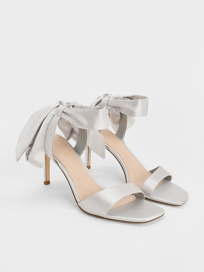 CHARLES & KEITH Essential / Eliana Satin Tie-Around Heeled Sandals - Silver