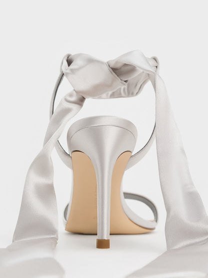 CHARLES & KEITH Essential / Eliana Satin Tie-Around Heeled Sandals - Silver