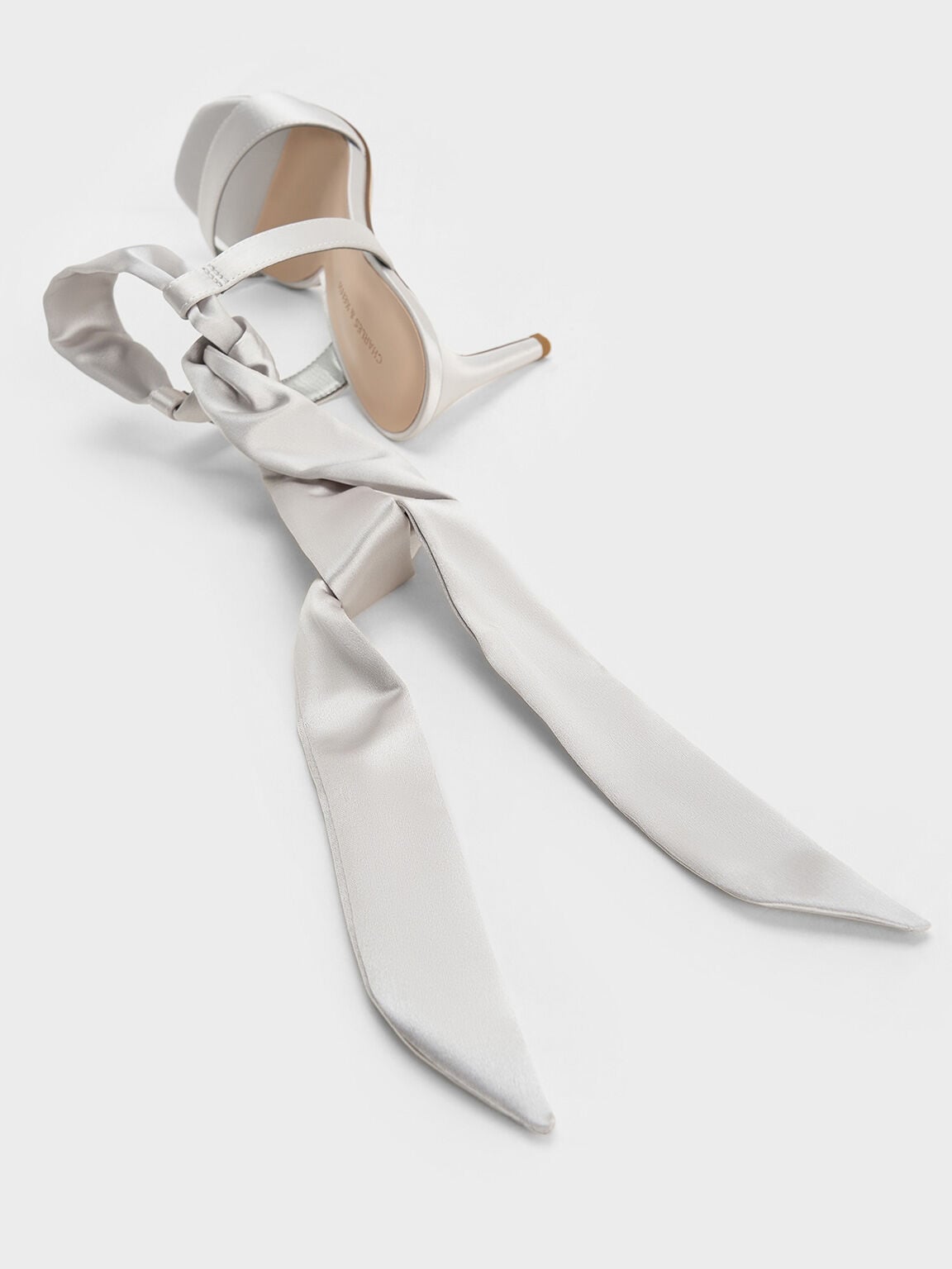 CHARLES & KEITH Essential / Eliana Satin Tie-Around Heeled Sandals - Silver