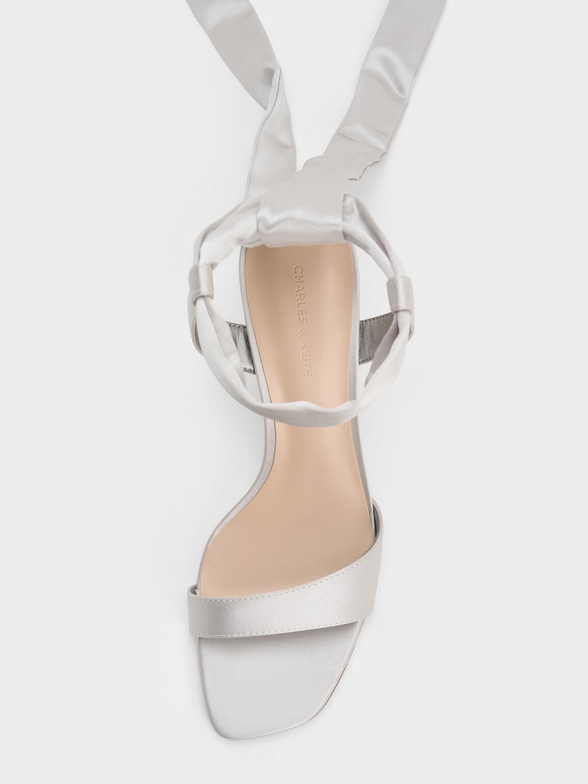 CHARLES & KEITH Essential / Eliana Satin Tie-Around Heeled Sandals - Silver