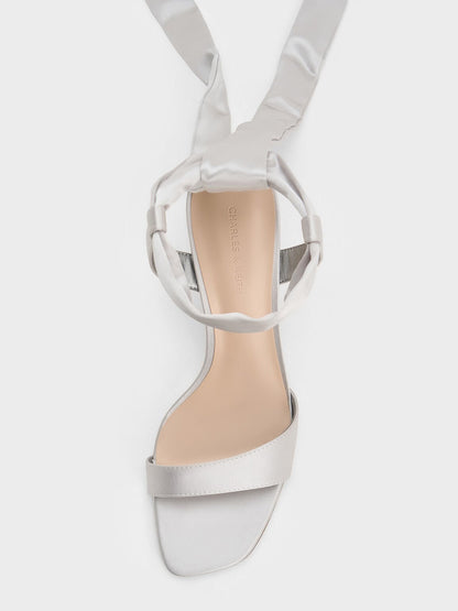 CHARLES & KEITH Essential / Eliana Satin Tie-Around Heeled Sandals - Silver