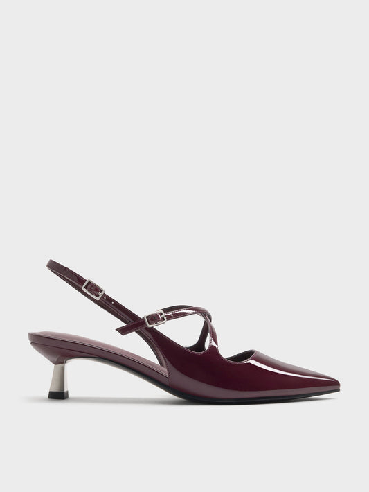 CHARLES & KEITH Value / Pauline Patent Crossover Kitten Heels - Maroon