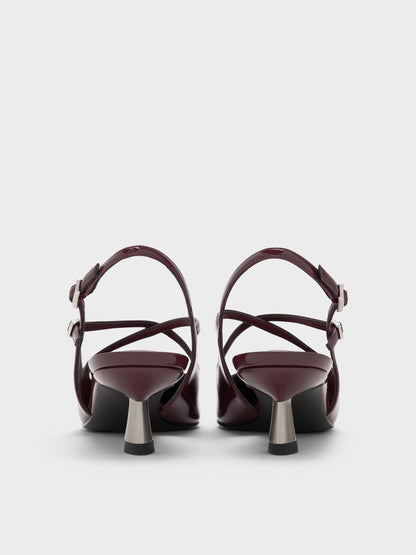 CHARLES & KEITH Value / Pauline Patent Crossover Kitten Heels - Maroon