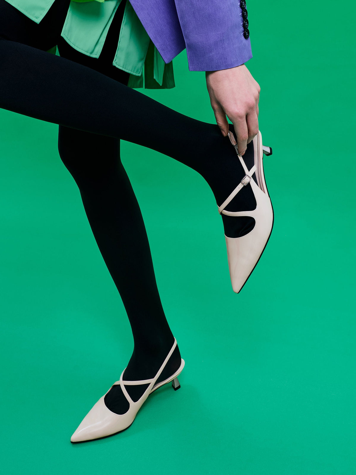 CHARLES & KEITH Value / Pauline Patent Crossover Kitten Heels - Chalk