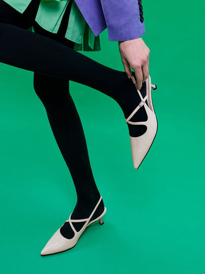 CHARLES & KEITH Value / Pauline Patent Crossover Kitten Heels - Chalk