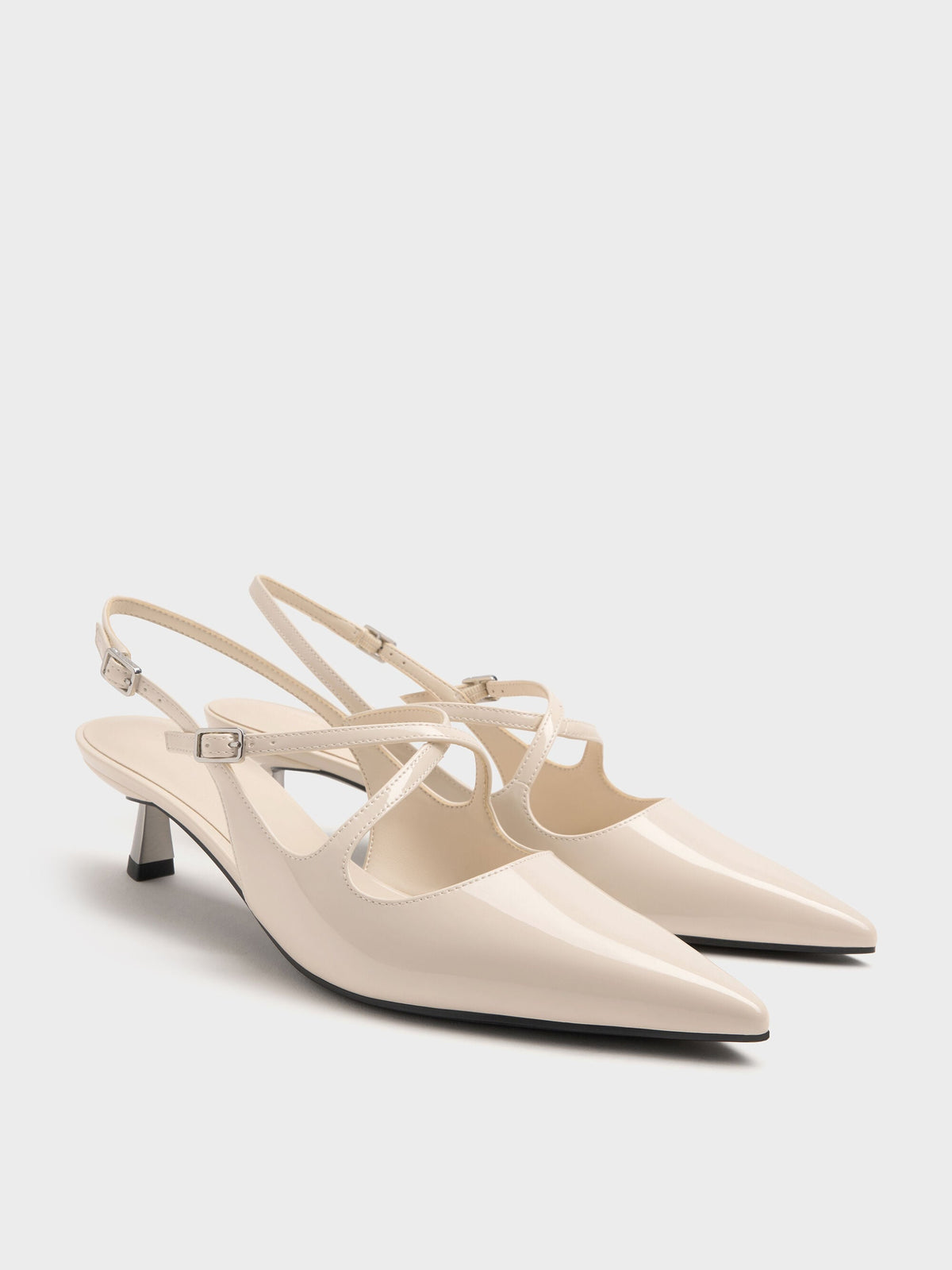 CHARLES & KEITH Value / Pauline Patent Crossover Kitten Heels - Chalk