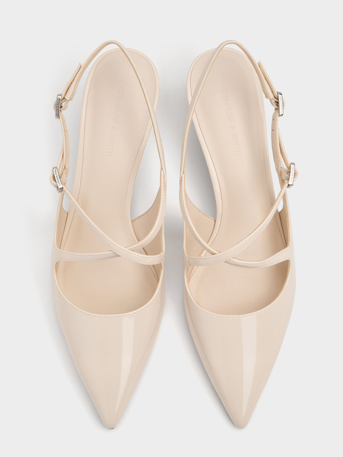 CHARLES & KEITH Value / Pauline Patent Crossover Kitten Heels - Chalk