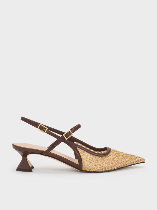 CHARLES & KEITH Essential / Raffia Sculptural-Heel Slingback Pumps - Dark Brown Textured