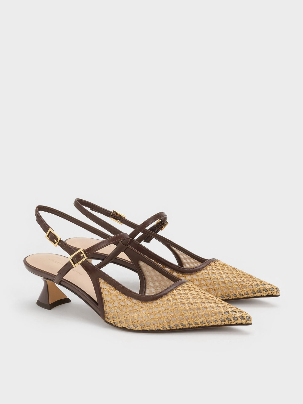 CHARLES & KEITH Essential / Raffia Sculptural-Heel Slingback Pumps - Dark Brown Textured