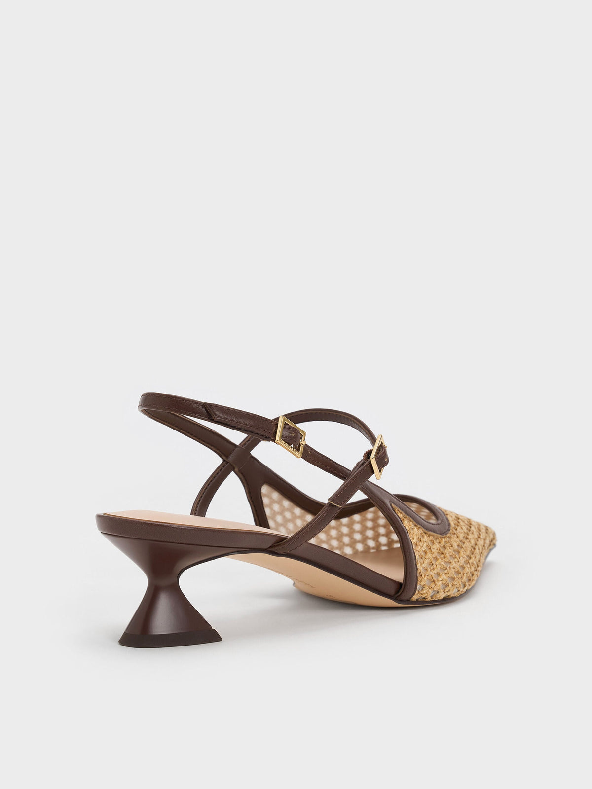 CHARLES & KEITH Essential / Raffia Sculptural-Heel Slingback Pumps - Dark Brown Textured