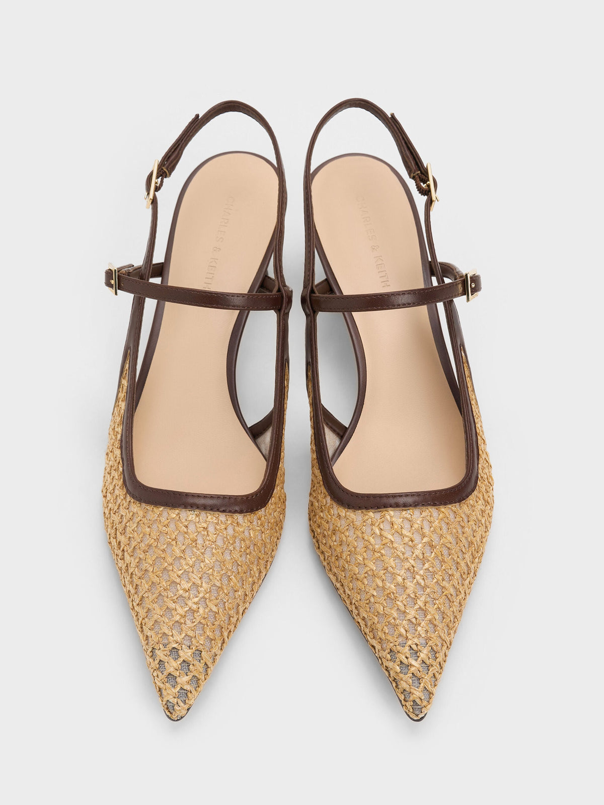 CHARLES & KEITH Essential / Raffia Sculptural-Heel Slingback Pumps - Dark Brown Textured
