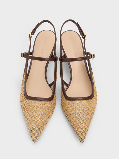 CHARLES & KEITH Essential / Raffia Sculptural-Heel Slingback Pumps - Dark Brown Textured